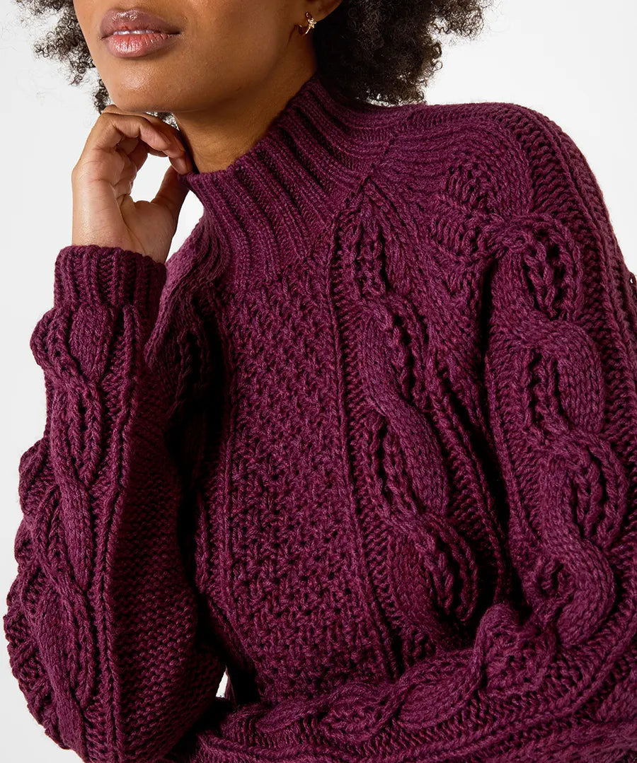 Joe Browns Freya Cable Knit High Neck Jumper - Plum