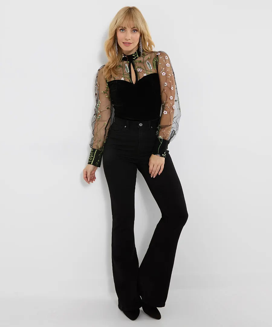 Joe Browns High Neck Velvet Embroidered Mesh Sleeves Top - Black