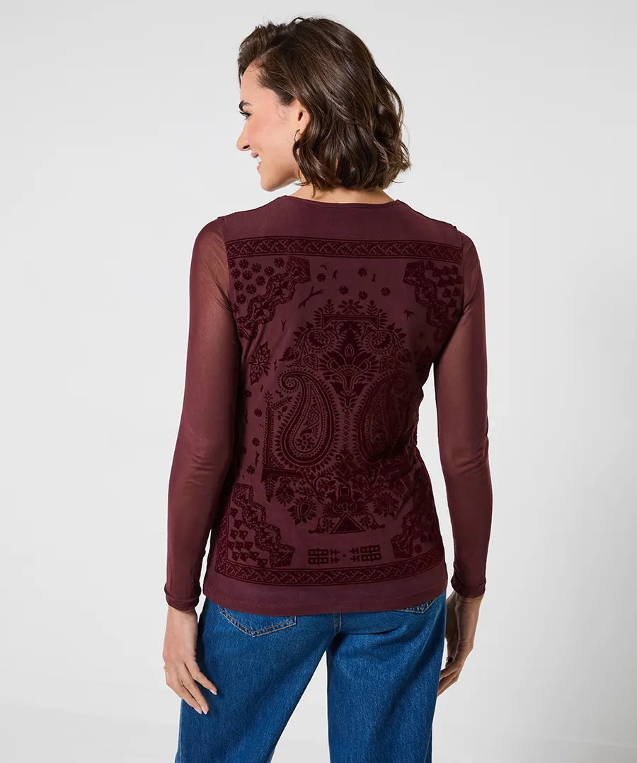 Joe Browns Long Sleeve Mesh Top With Flocked Print - Brown