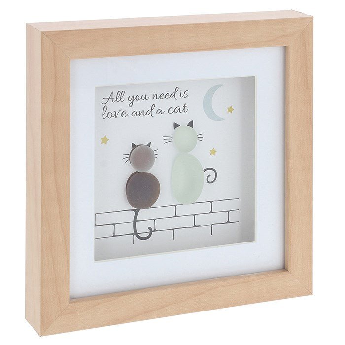 Joe Davies 15.5cm Square Pebble Glass 'Cat Love' Plaque - 350230 - Old Railway Line Garden Centre