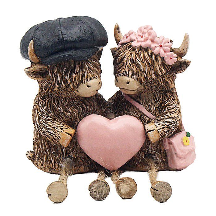 Joe Davies 16cm Couple Heart Highland Cow Dangle Legs Ornament - LP74359 - Old Railway Line Garden Centre