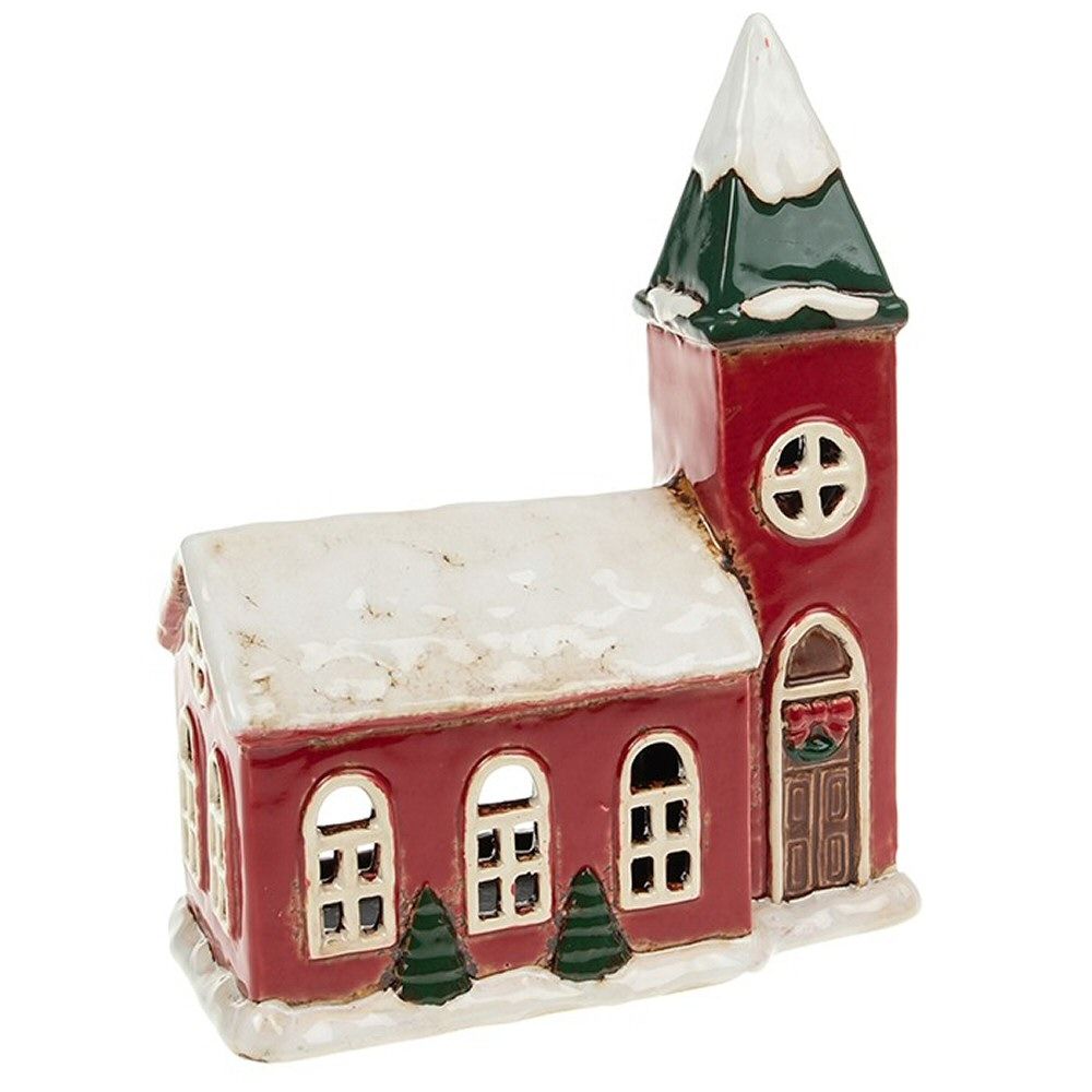 Joe Davis Village Pottery 22cm Red Christmas Church Tealight Holder