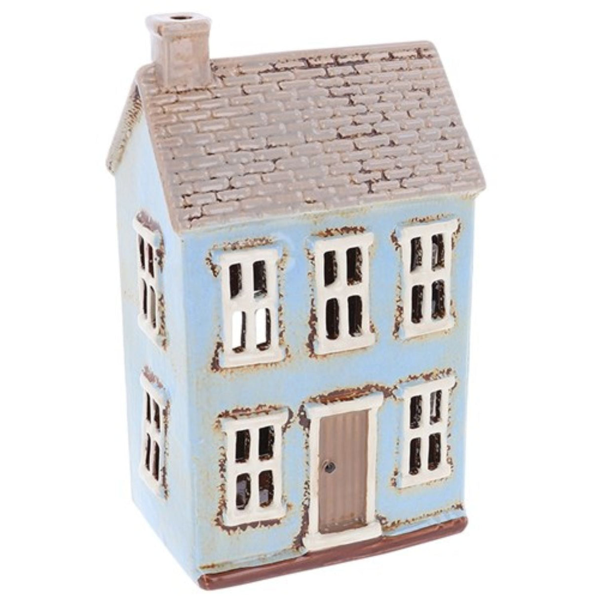 Joe Davies Village Pottery Tiled Tall Blue House Tealight - Old Railway Line Garden Centre
