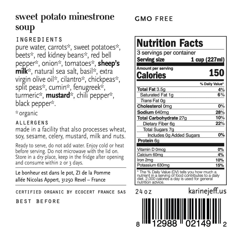 Karine & Jeff 680g Organic Sweet Potato Minestrone - Old Railway Line Garden Centre