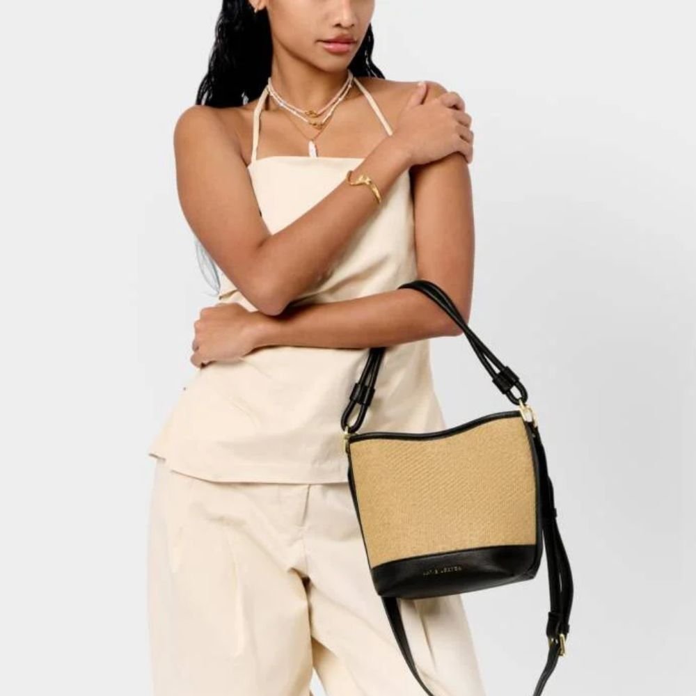 Katie Loxton Black Riviera Raffia Bucket Bag - Old Railway Line Garden Centre