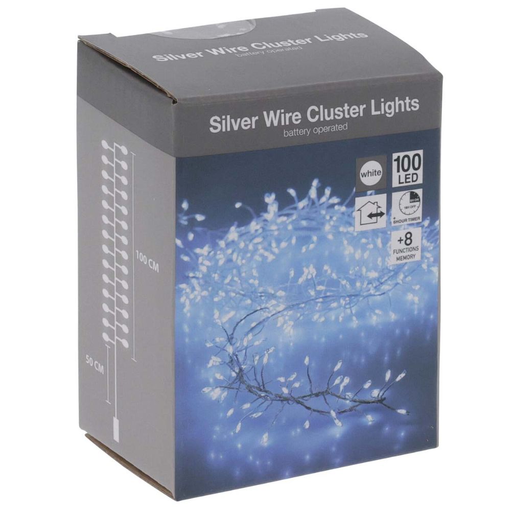 Koopman 100 Cool White LED Silver Wire Cluster Lights