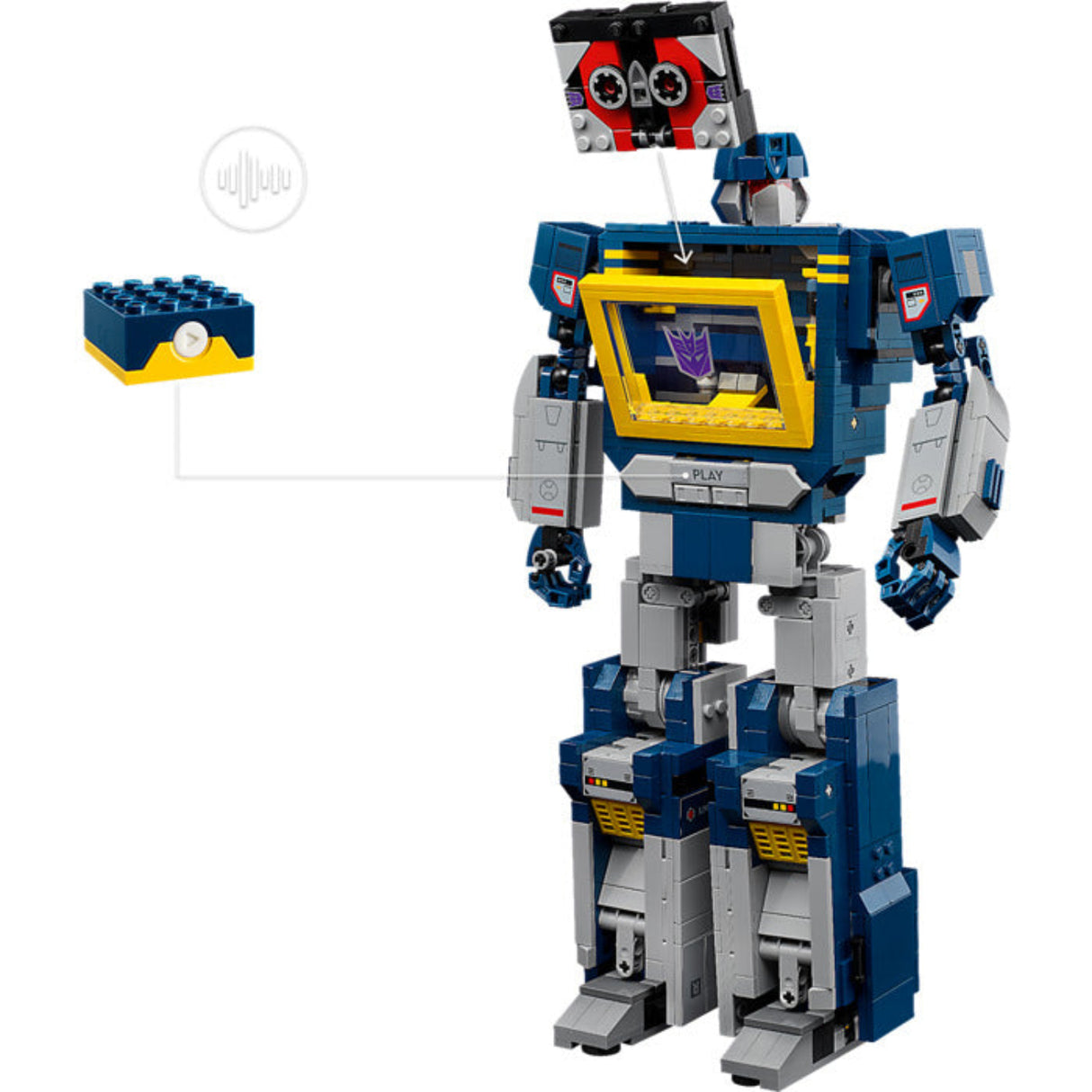 Toy robot figure with blue and gray color scheme on a white background