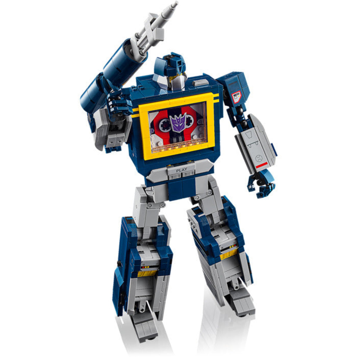 Toy robot figure with a blue and gray color scheme on a white background