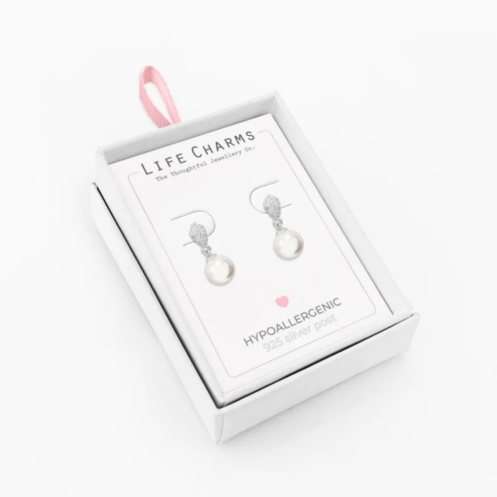 Life Charms Round Pearl Drop Silver Earrings