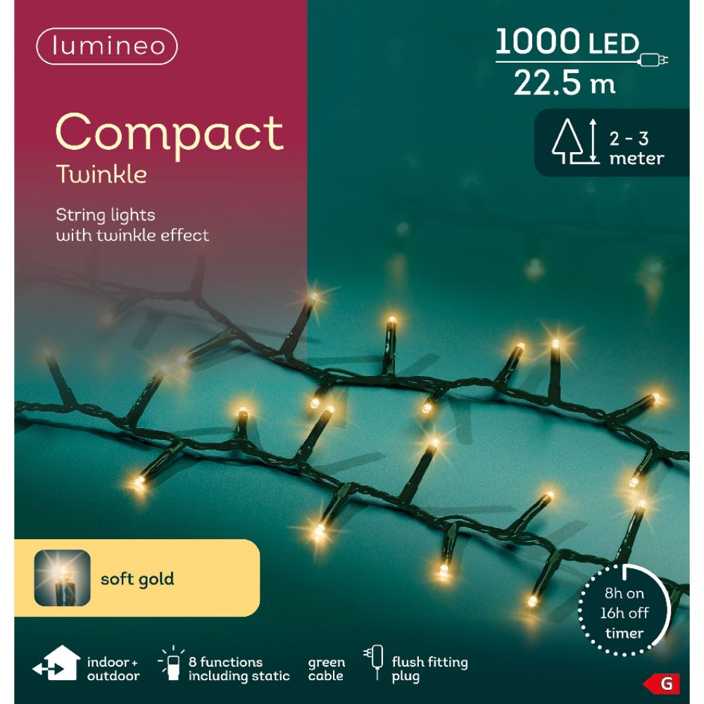 Lumineo 1000 Soft Gold LED Twinkle Compact Christmas Lights (22.5m)