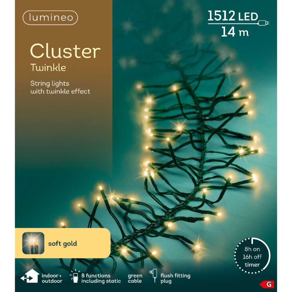 Lumineo 1512 Soft Gold LED Twinkle Cluster Christmas Lights (14m)