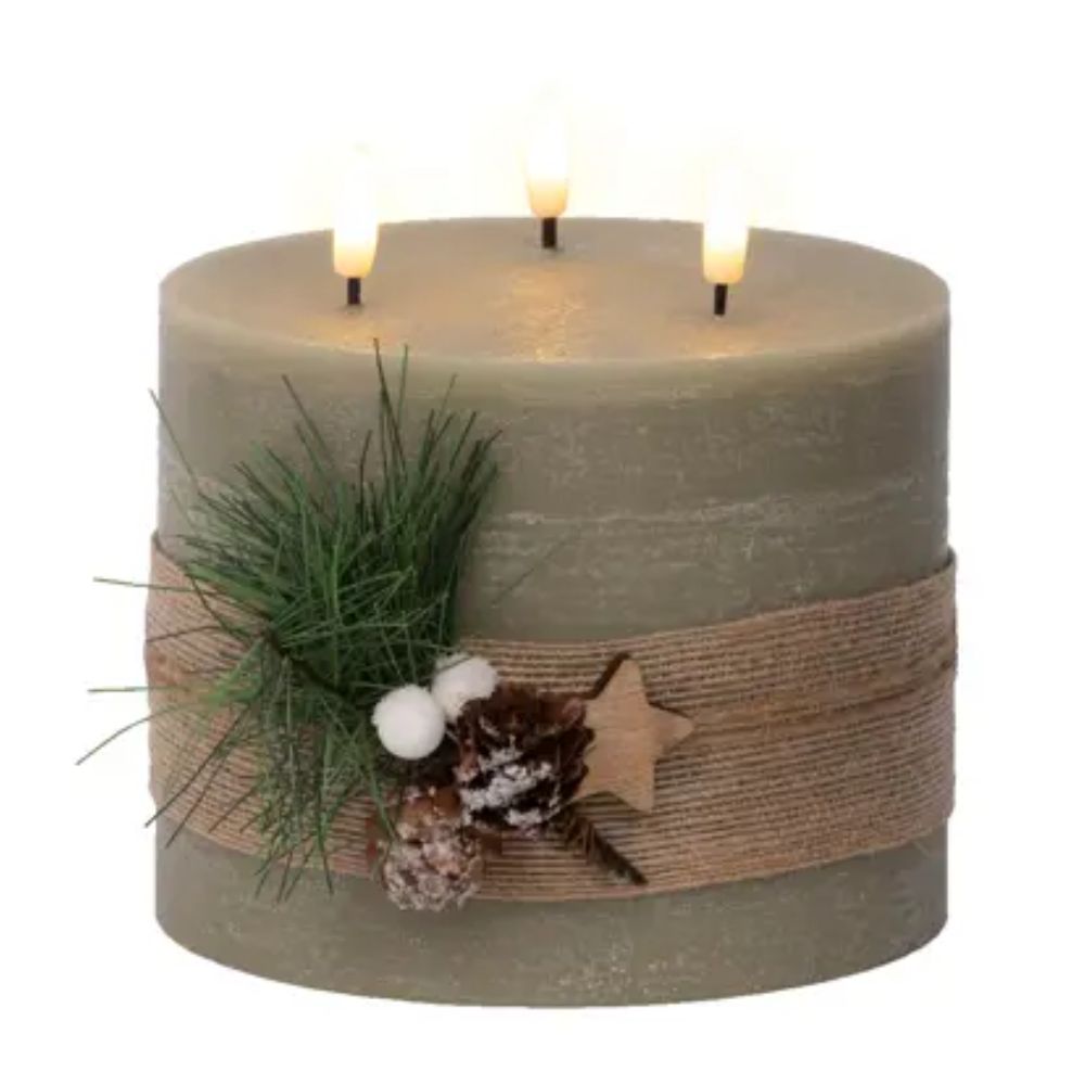 Lumineo 15cm Green LED Triple Wick Candle with Leaves