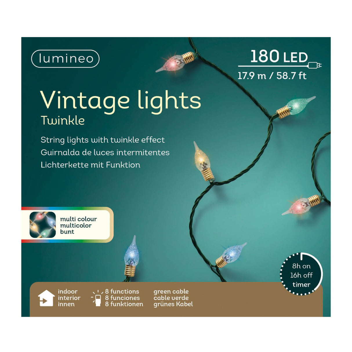 Lumineo 180 Multi Coloured LED Vintage Twinkle Lights (17.9m)