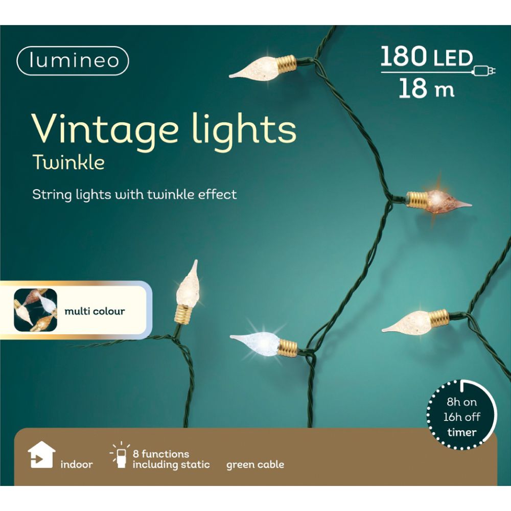 Lumineo 180 Multi Coloured LED Vintage Twinkle Lights (17.9m)