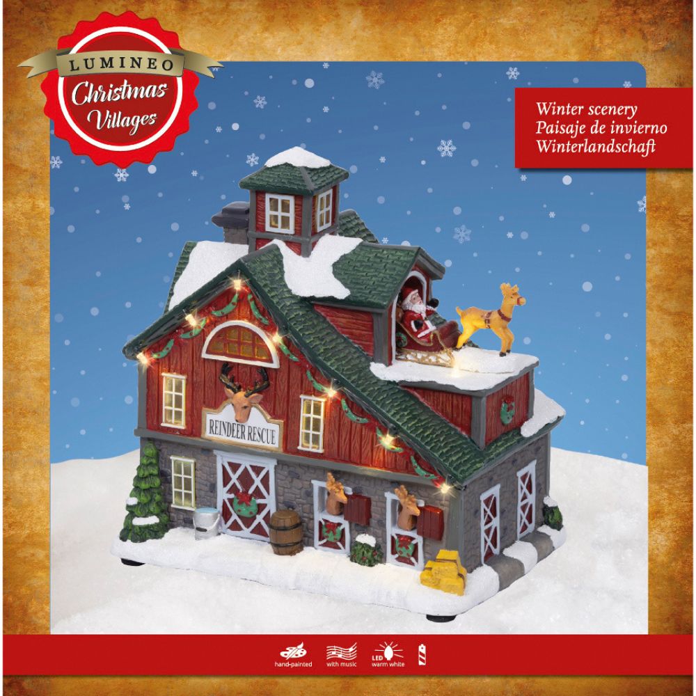 Lumineo 22cm LED Christmas Village Reindeir Rescue Barn House - Battery Operated