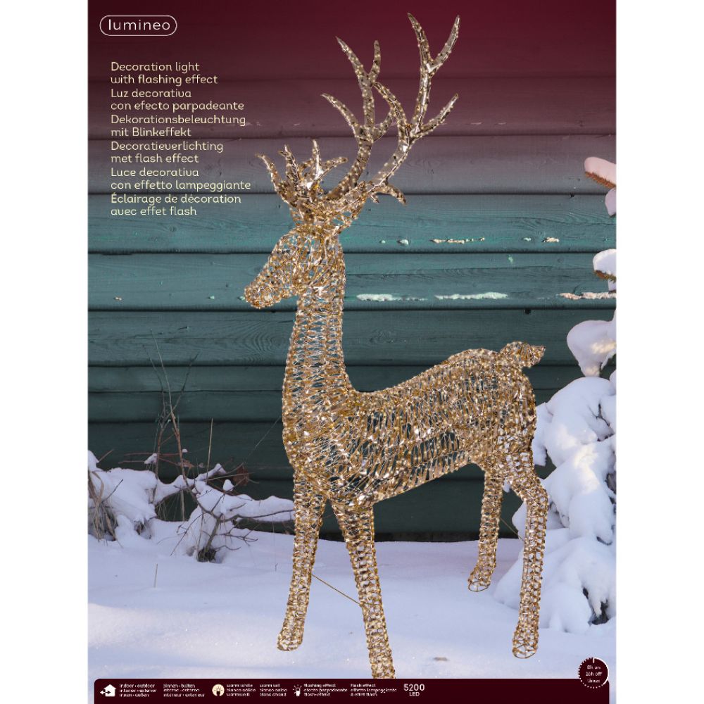 Lumineo 270cm Warm White LED Lit Gold Twist Frame Reindeer Decoration - 5,200 LEDs