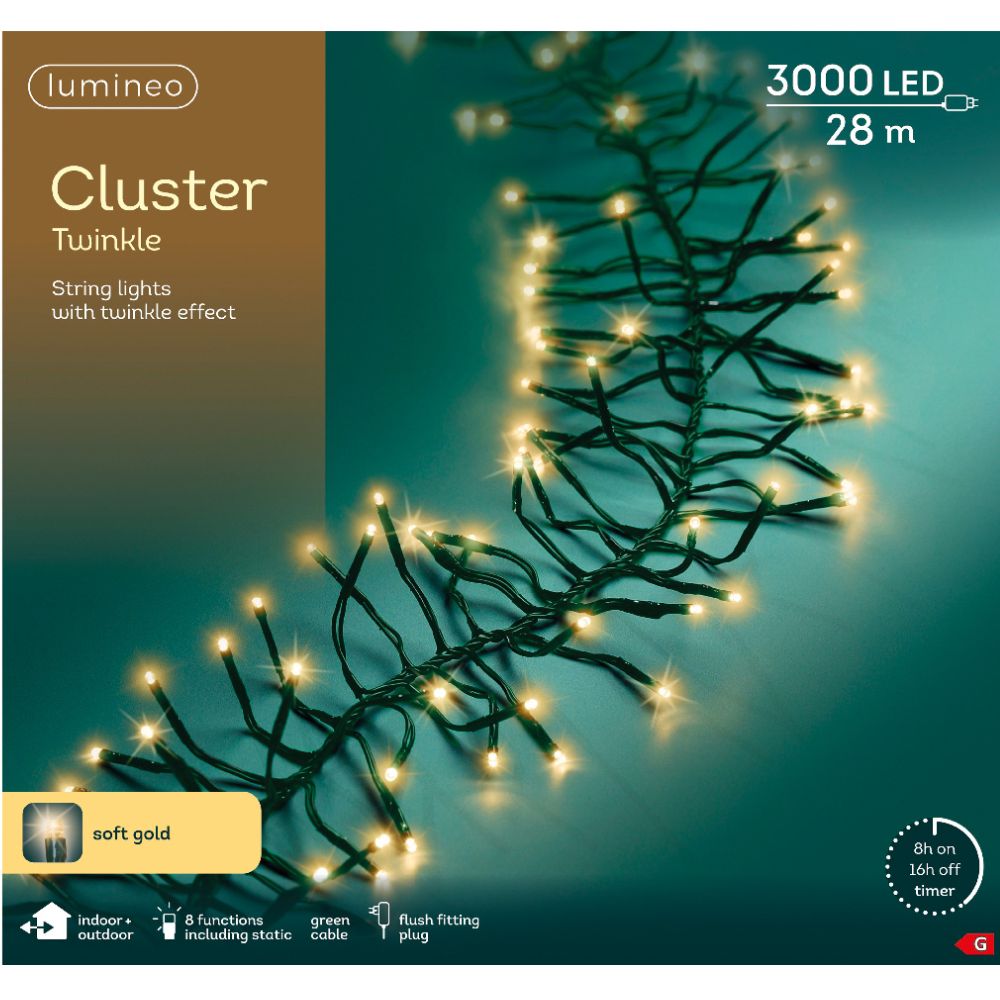 Lumineo 3000 Soft Gold LED Twinkle Cluster Christmas Lights (28m)