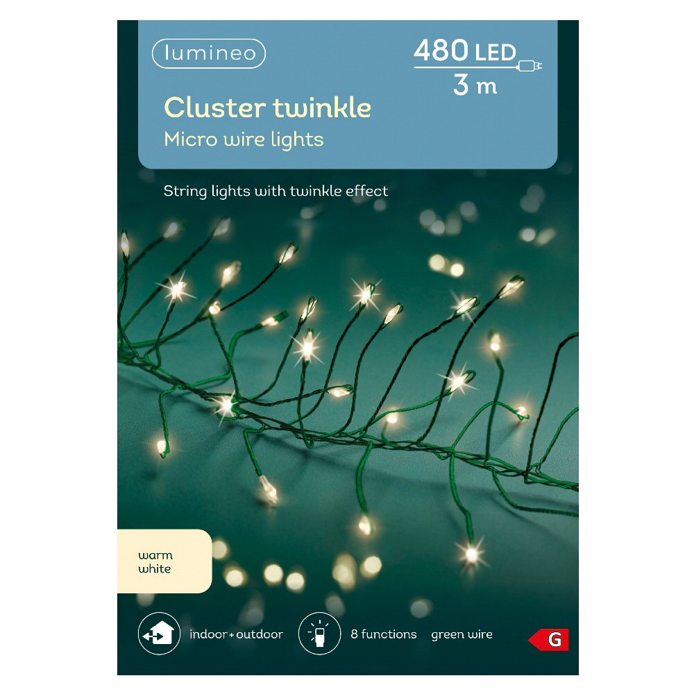 Lumineo 480 Warm White LED Cluster Micro Wire Lights (3m) - Green Cable
