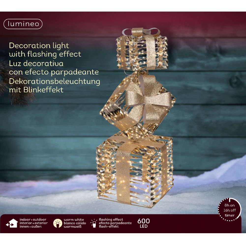 Lumineo 73cm Warm White LED Lit Gold Giftbox Decoration