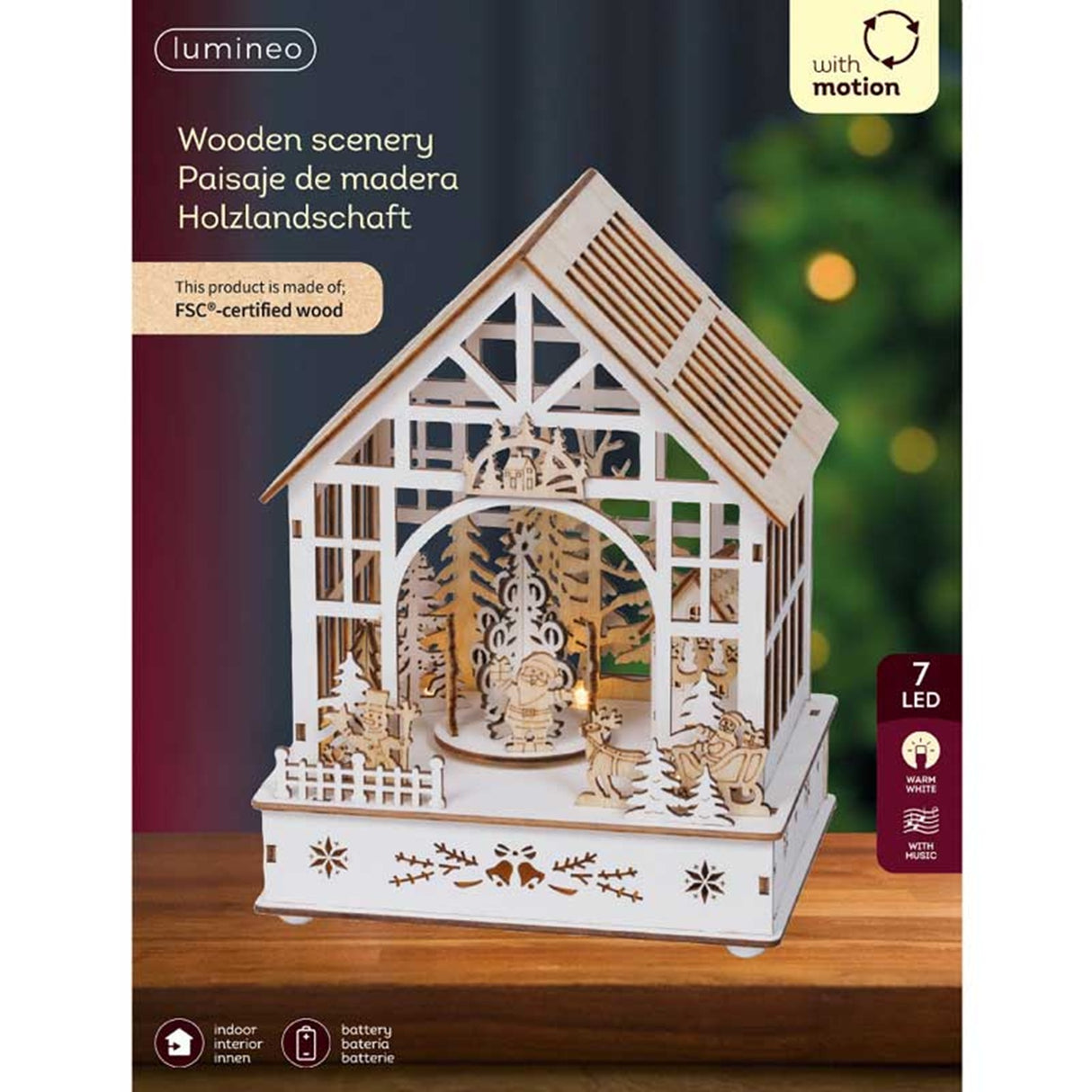 Lumineo 23cm Wooden Christmas House LED Scene with Santa & Xmas Tree