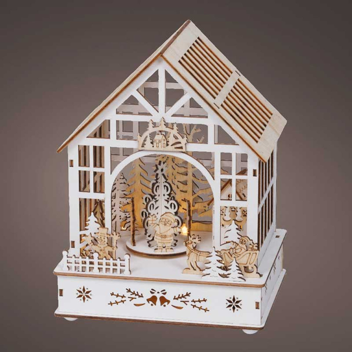 Lumineo 23cm Wooden Christmas House LED Scene with Santa & Xmas Tree