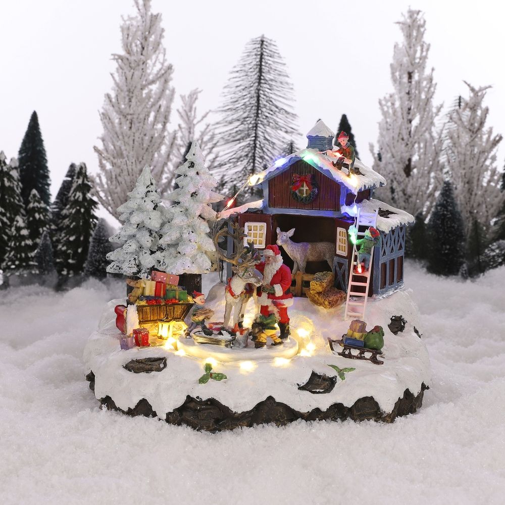 Luville Collectables 24cm Christmas Village Santa's House & Reindeer - Battery Operated