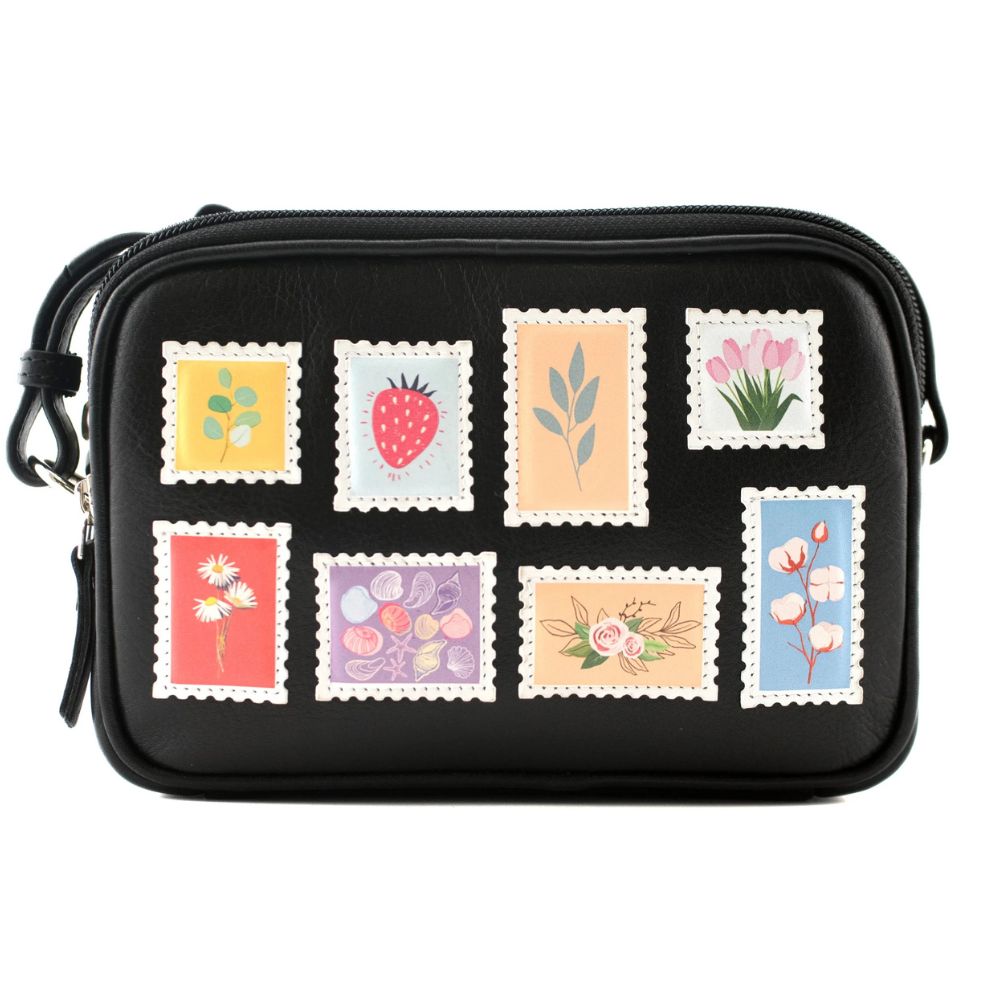 Mala Leather Botanists Post Double Zip Crossbody Bag - Black