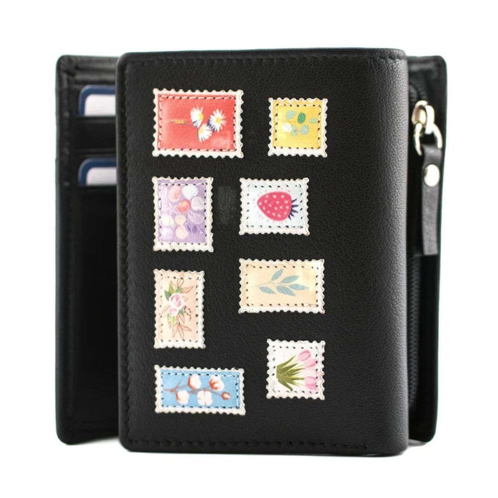 Mala Leather Botanists Post Tri Fold Purse - Black