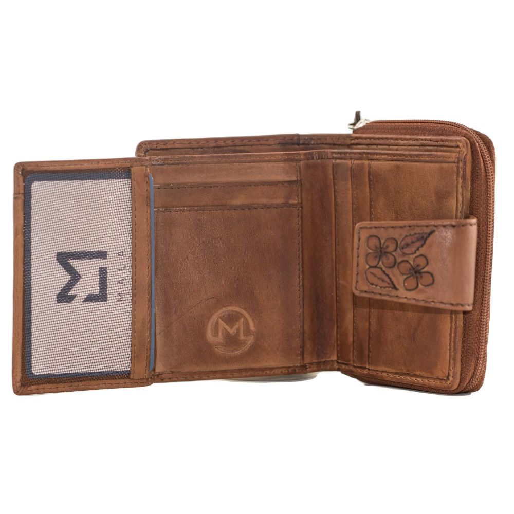 Mala Leather Wild Bloom Classic Tan Leather Tab Purse