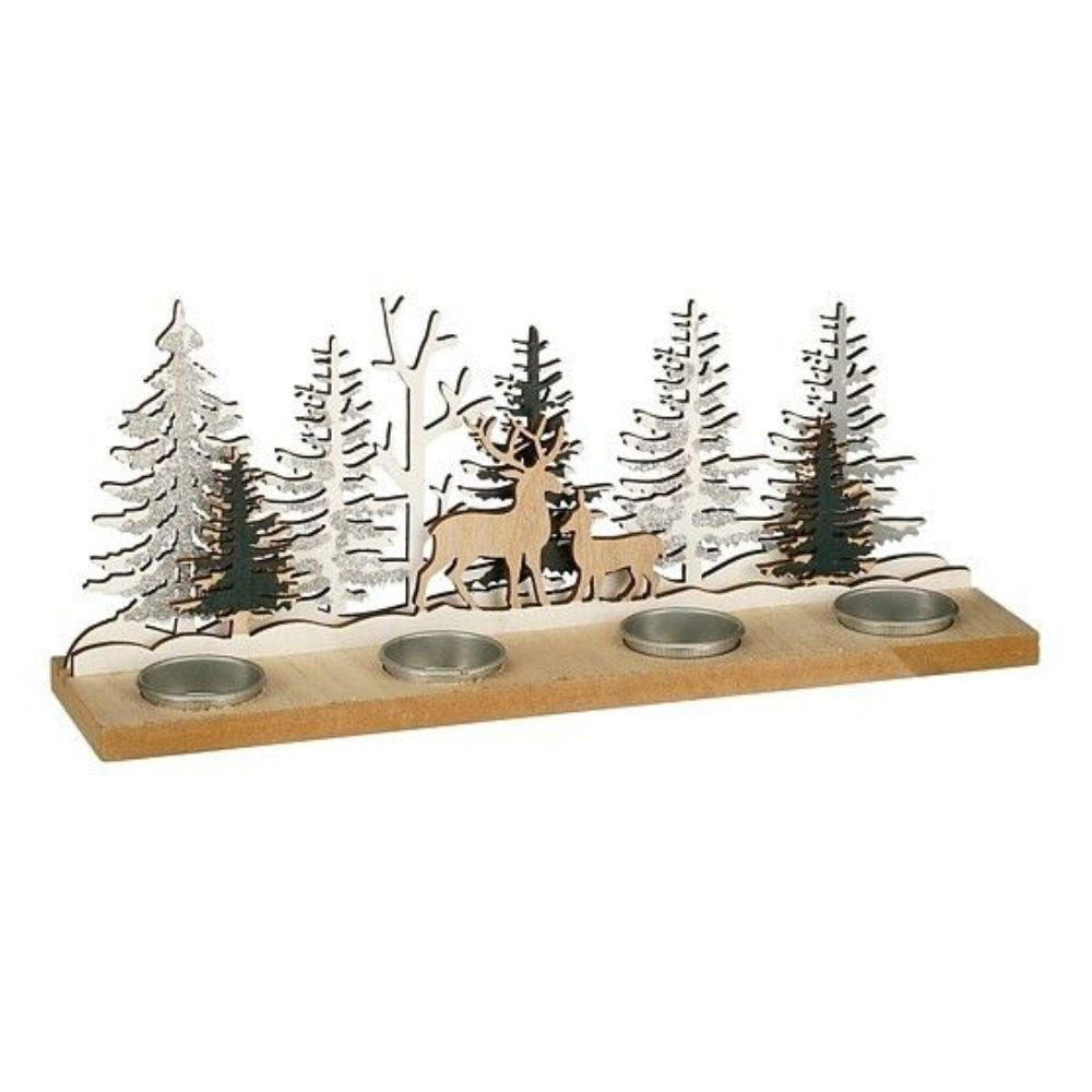 Mica Decorations 35cm Wood Winter Scene Candle Holder