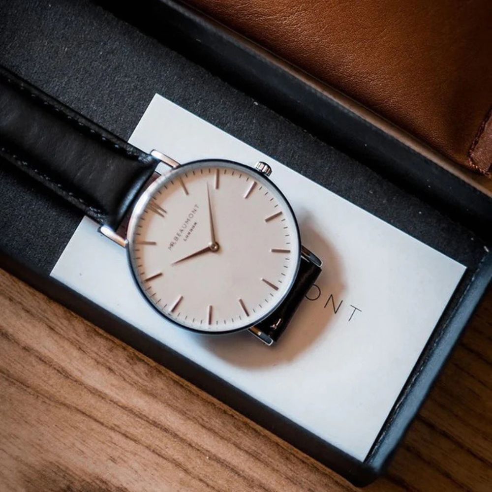 Mr Beaumont Leather Black Watch with Silver Case