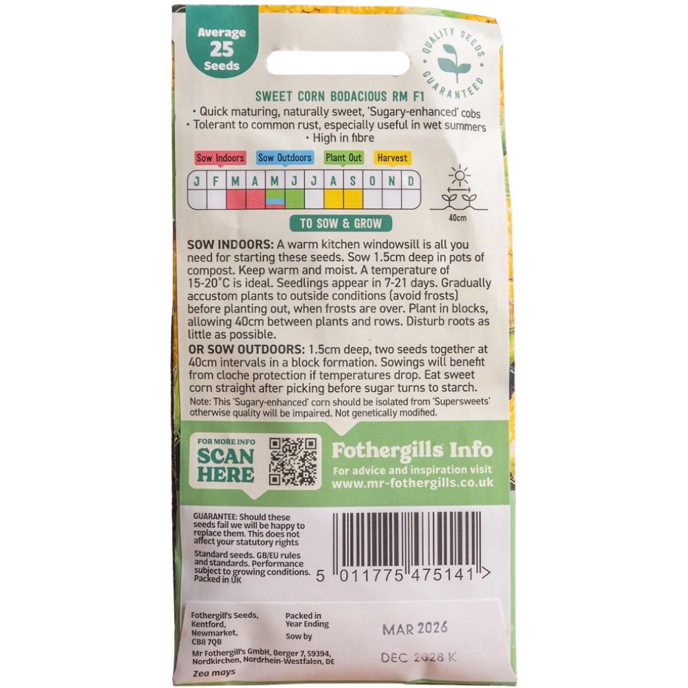 Mr Fothergill's Sweet Corn Bodacious RM F1 Seeds