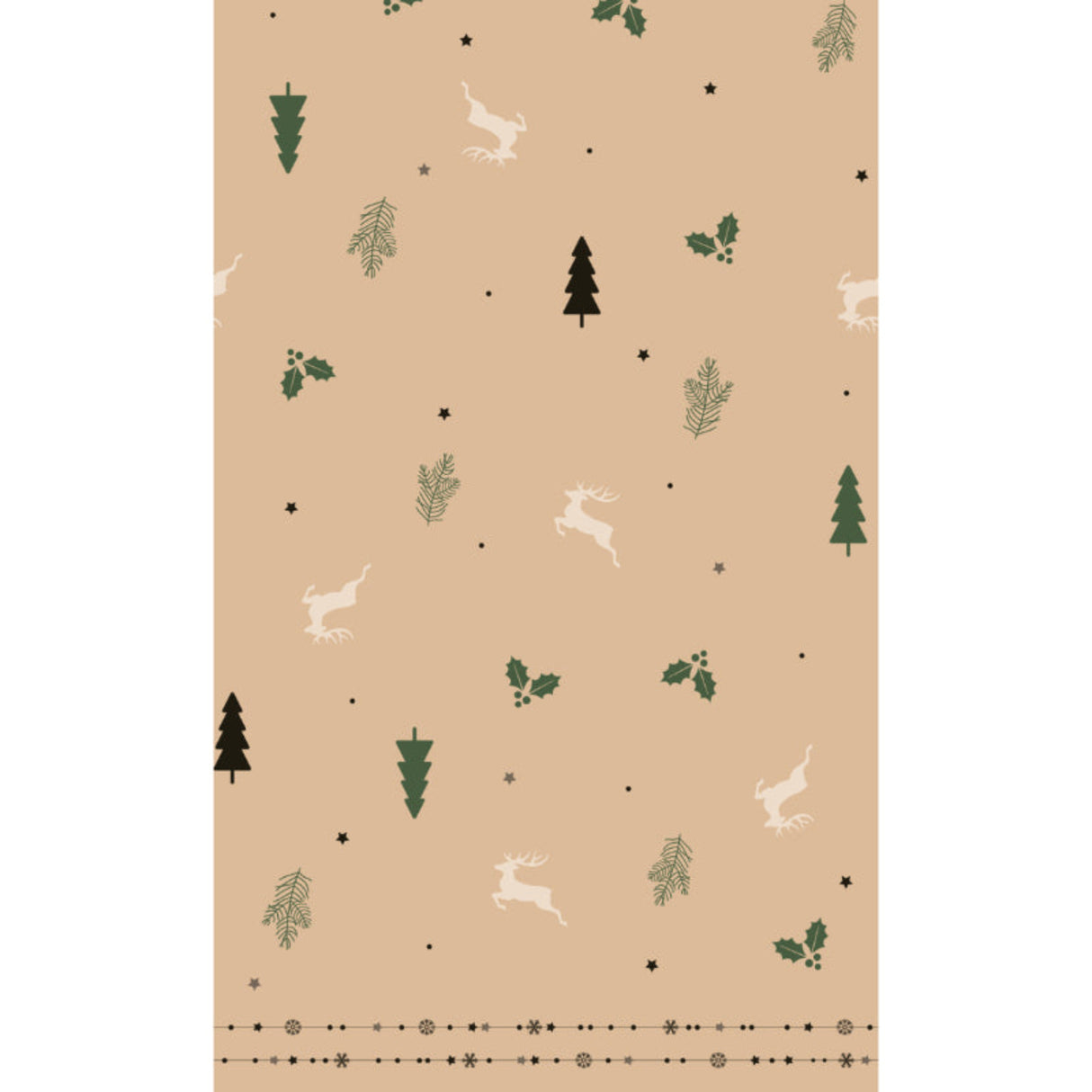 Patterned paper with trees, hares, and leaves on a beige background