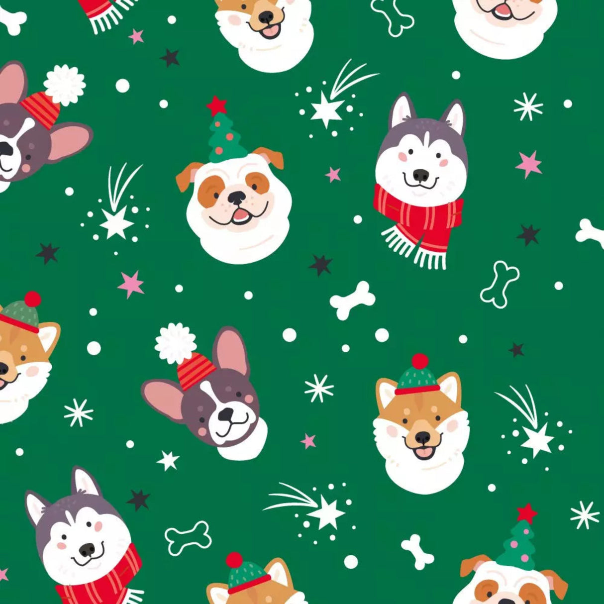 Pattern of Christmas-themed dogs on a green background