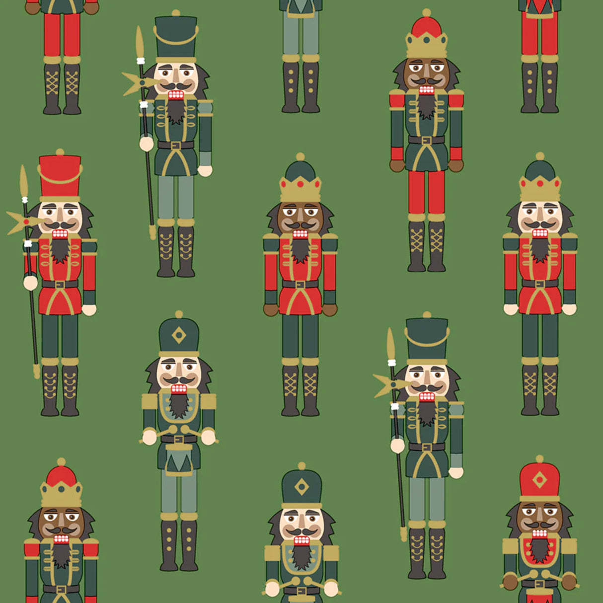 Pattern of colorful nutcrackers on a green background