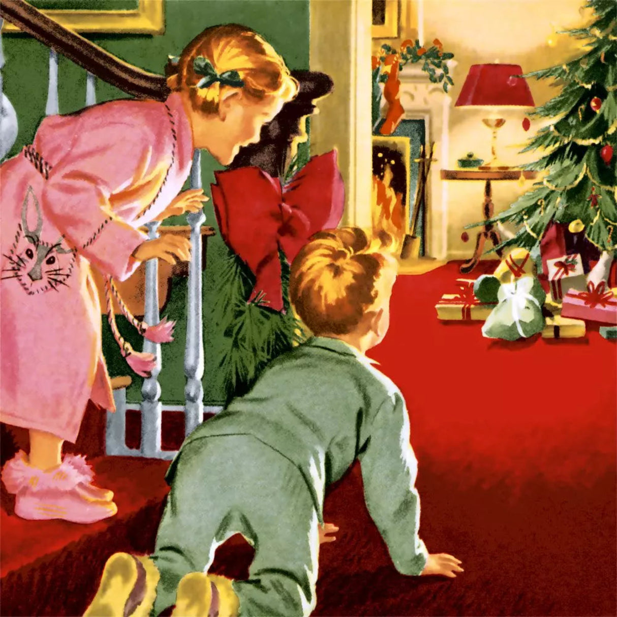 Illustration of two children near a Christmas tree with presents underneath.