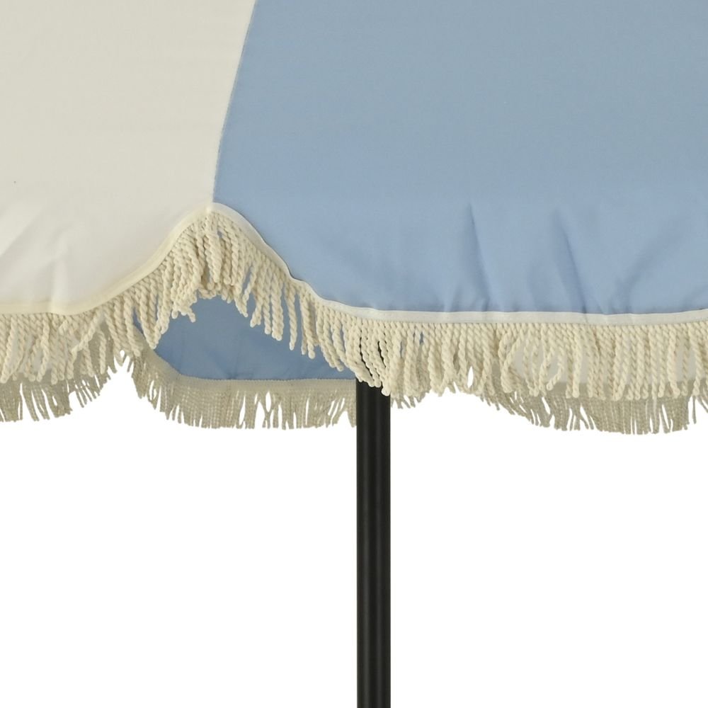 Outdoor Living 2.5m Macramé Fringed Wind-Up Garden Parasol - White & Blue - Old Railway Line Garden Centre