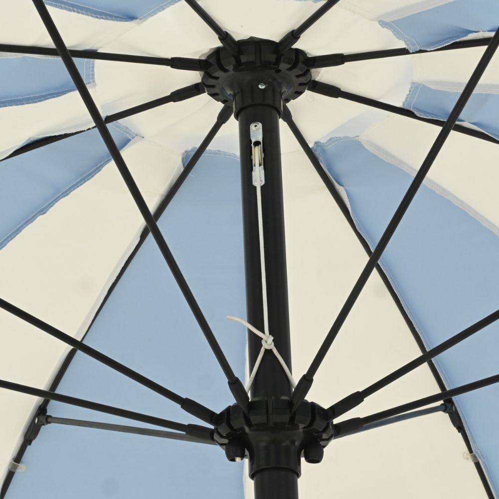 Outdoor Living 2.5m Macramé Fringed Wind-Up Garden Parasol - White & Blue - Old Railway Line Garden Centre