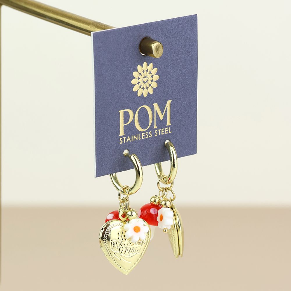 POM Alice Stainless Steel Gold Plated Hoop, Locket and Charm Earrings