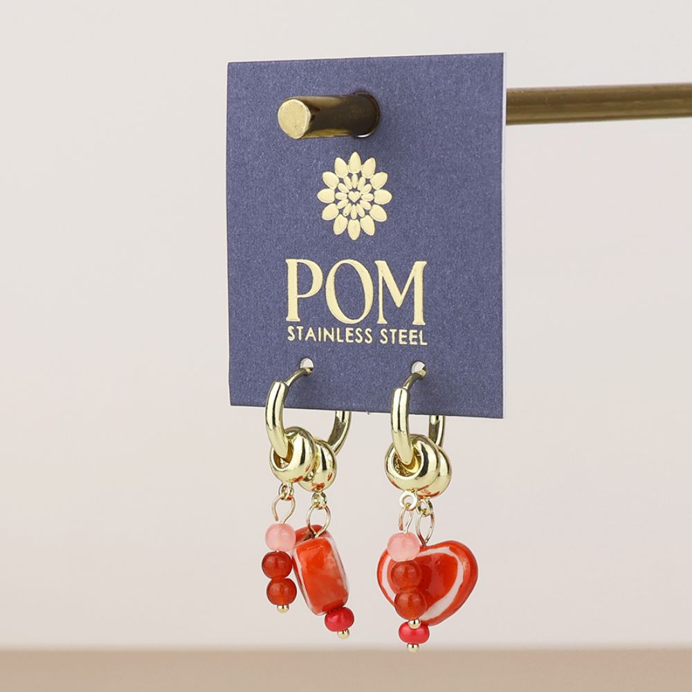 POM Amour Stainless Steel Gold Plated Hoop Red Heart Charm and Bead Earrings