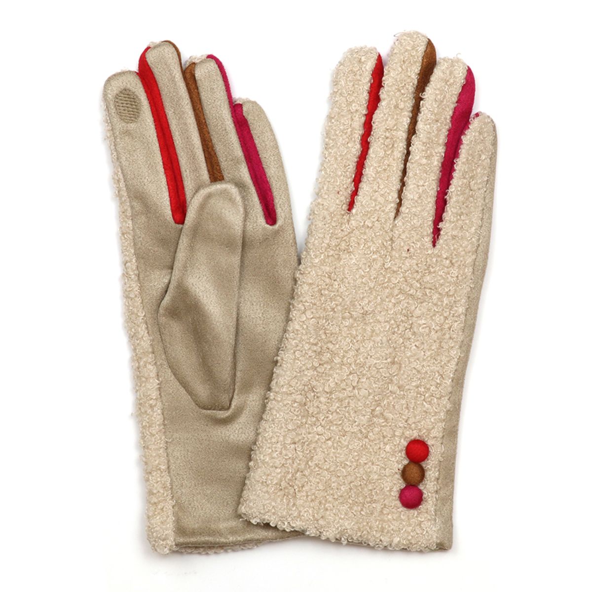 POM Bergen Fleece and Faux Suede Beige Mix Button Gloves