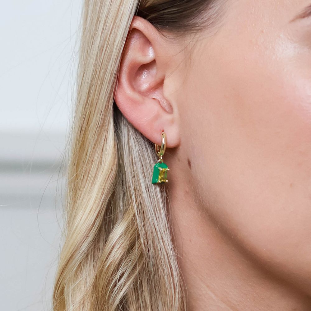 POM Candy Stainless Steel Gold Plated Hoop Green Crystal Oblong Charm Earrings