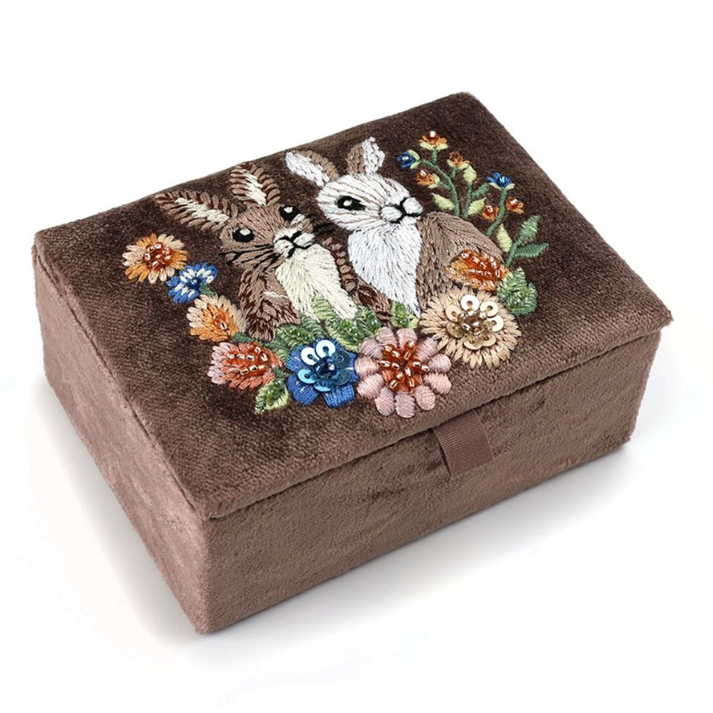 POM Cocoa Velvet Embroidered Bunnies Jewellery Box - Old Railway Line Garden Centre