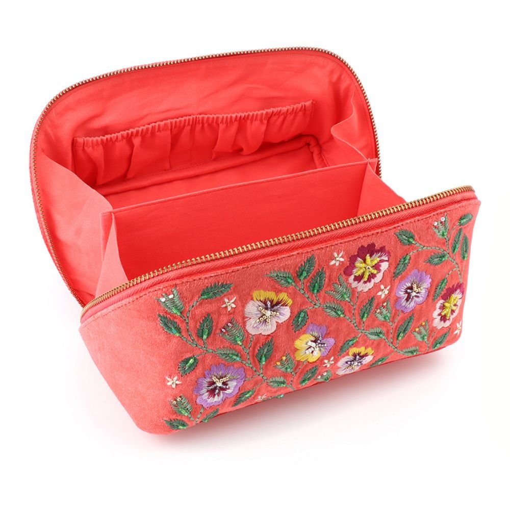 POM Coral Velvet Embroidered Pansie's Vanity Case - Old Railway Line Garden Centre