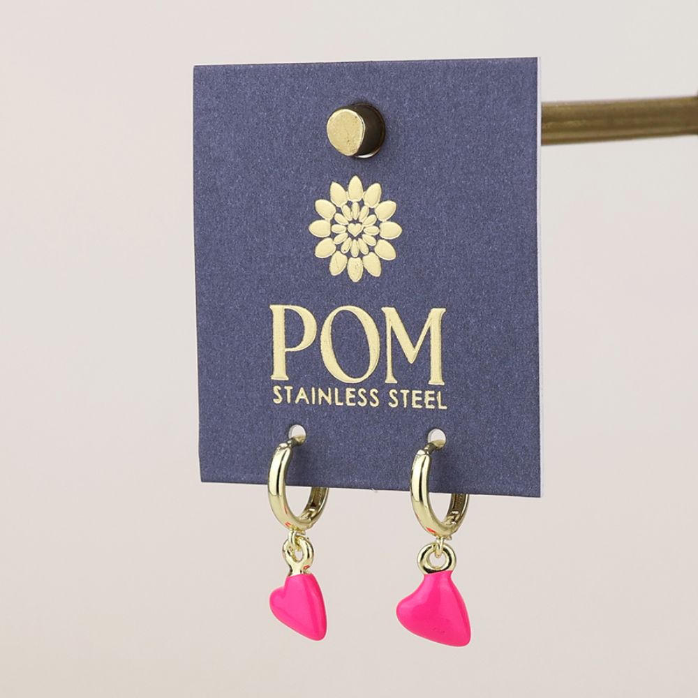 POM Cupids Stainless Steel Gold Plated Hoop Pink Heart Charm Earrings