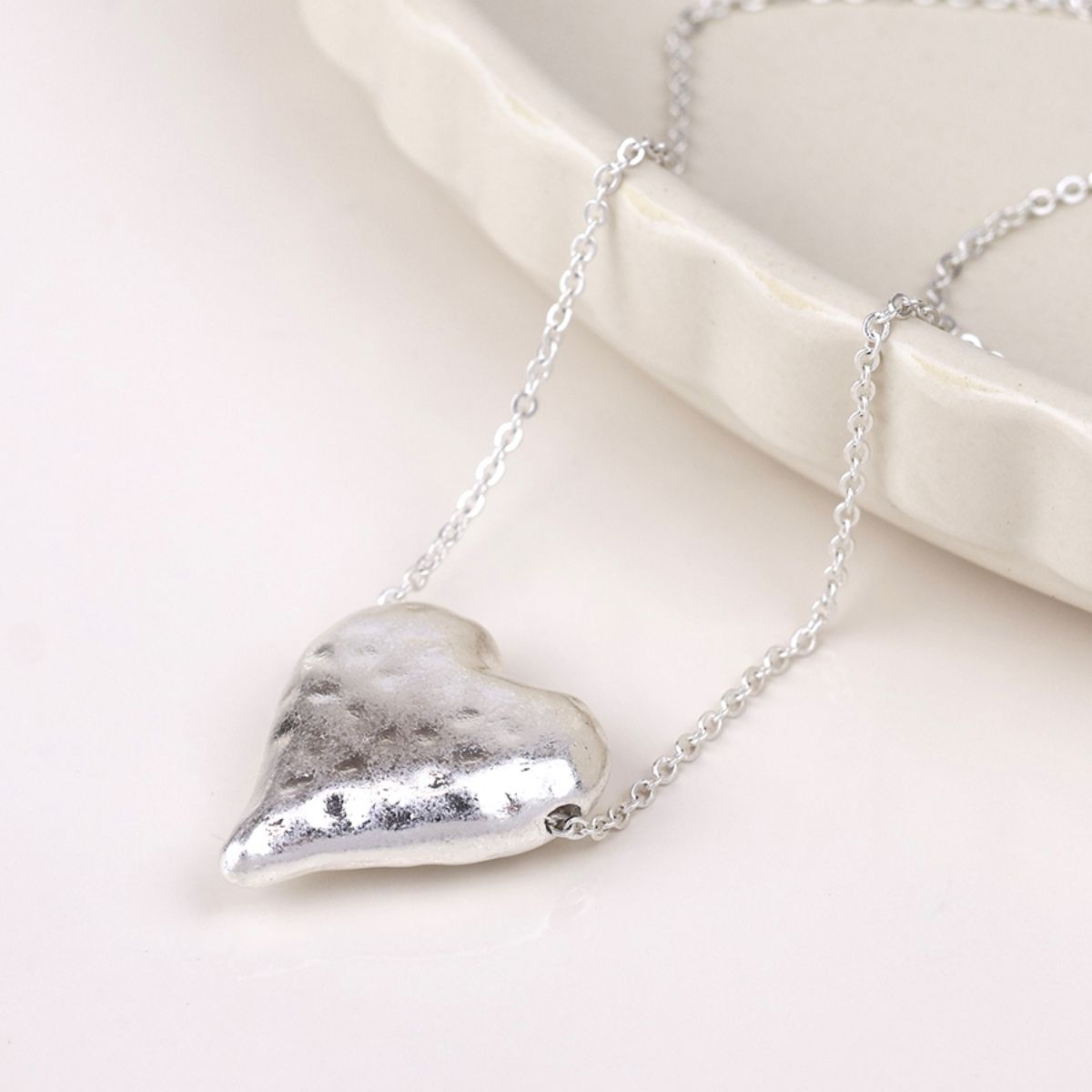 POM Elara Silver Plated Worn Hammered Heart Necklace