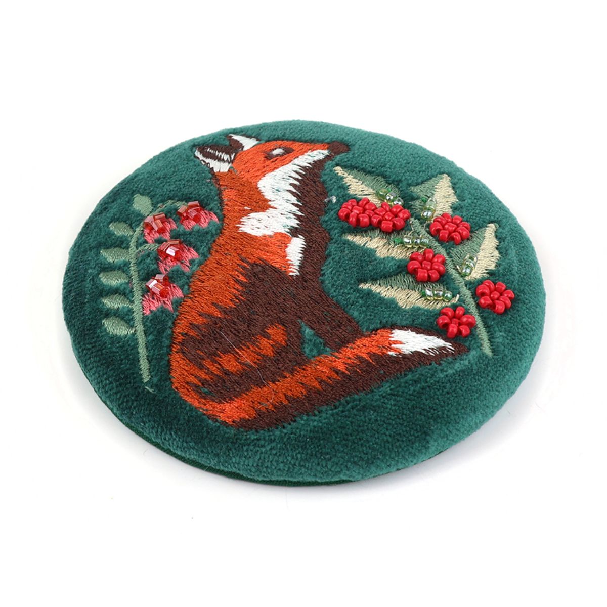 POM Festive Fox Deep Green Velvet Embroidered Compact Mirror