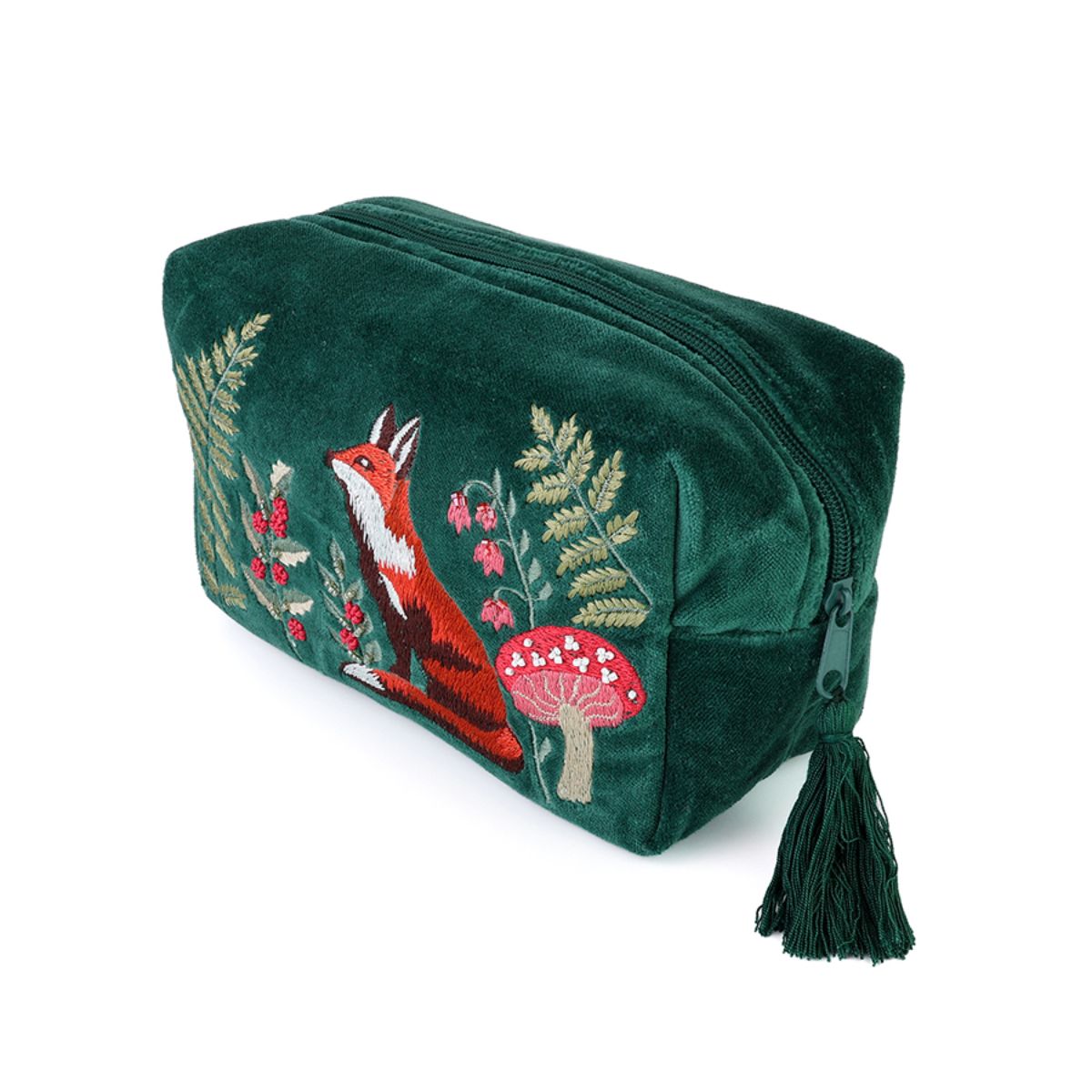 POM Festive Fox Deep Green Velvet Embroidered Wash Bag