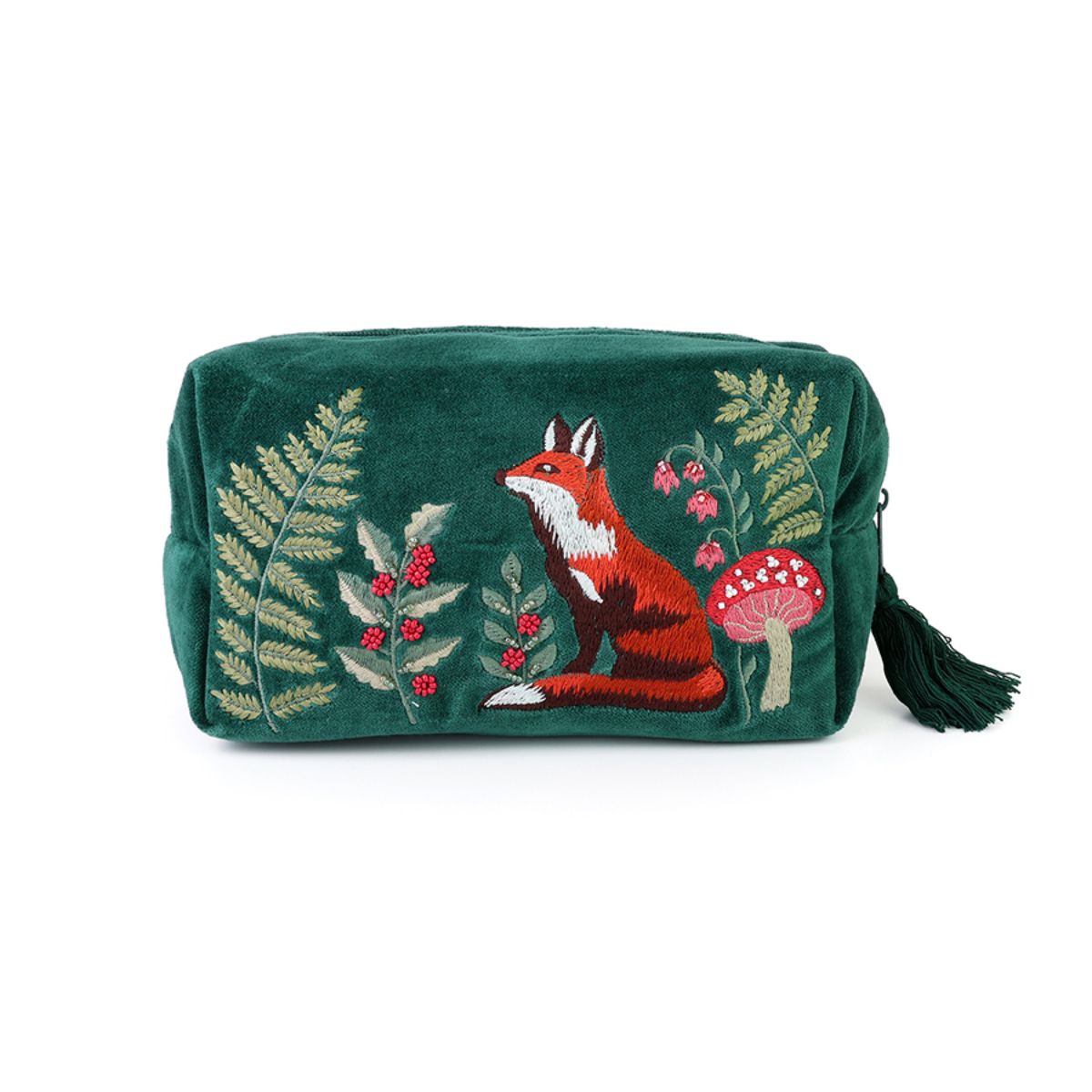 POM Festive Fox Deep Green Velvet Embroidered Wash Bag