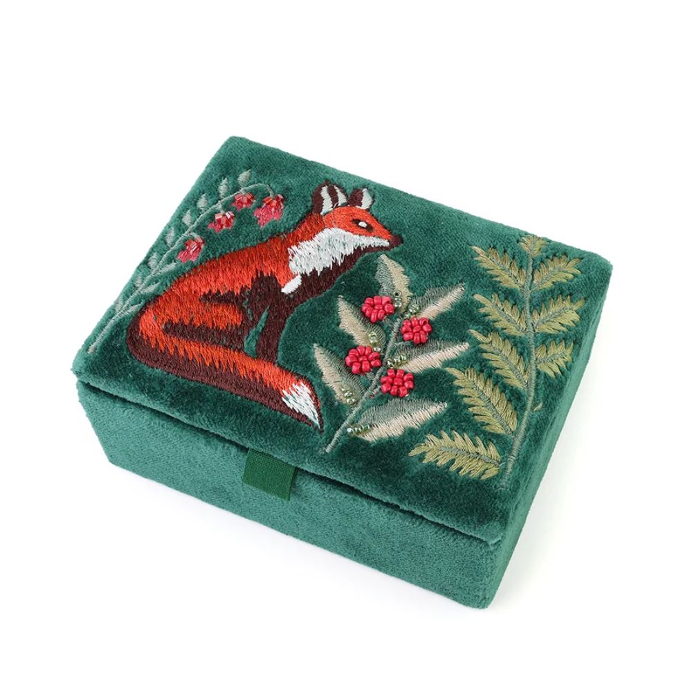 POM Festive Fox Deep Green Velvet Jewellery Box